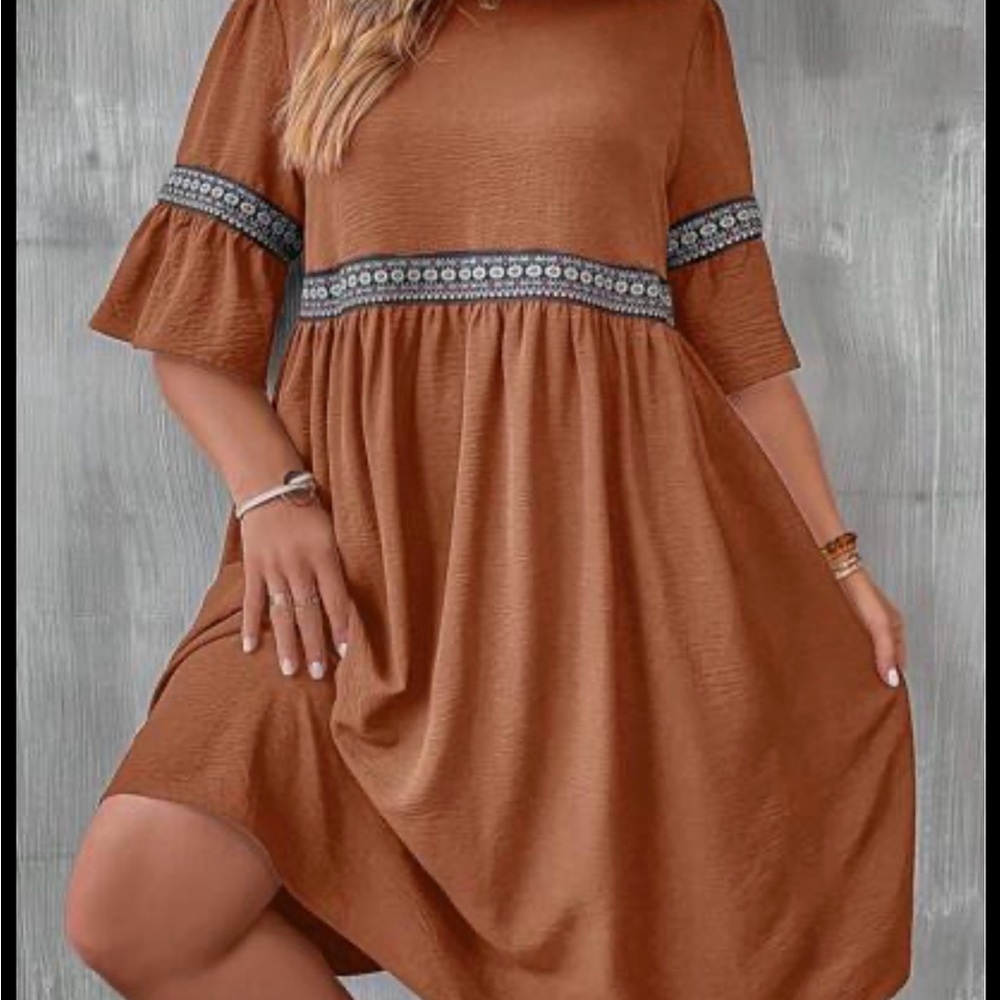 SHEIN Curve Dress Womens 0XL Rust Bohemian Peasant Aztec